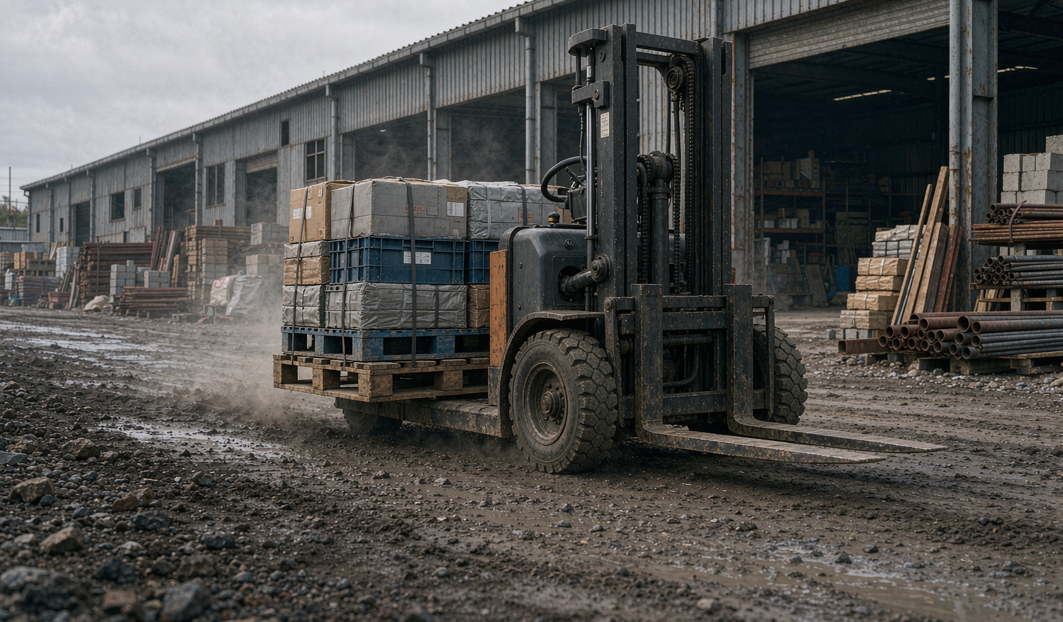 All-terrain pallet truck crossing an uneven gravel yard