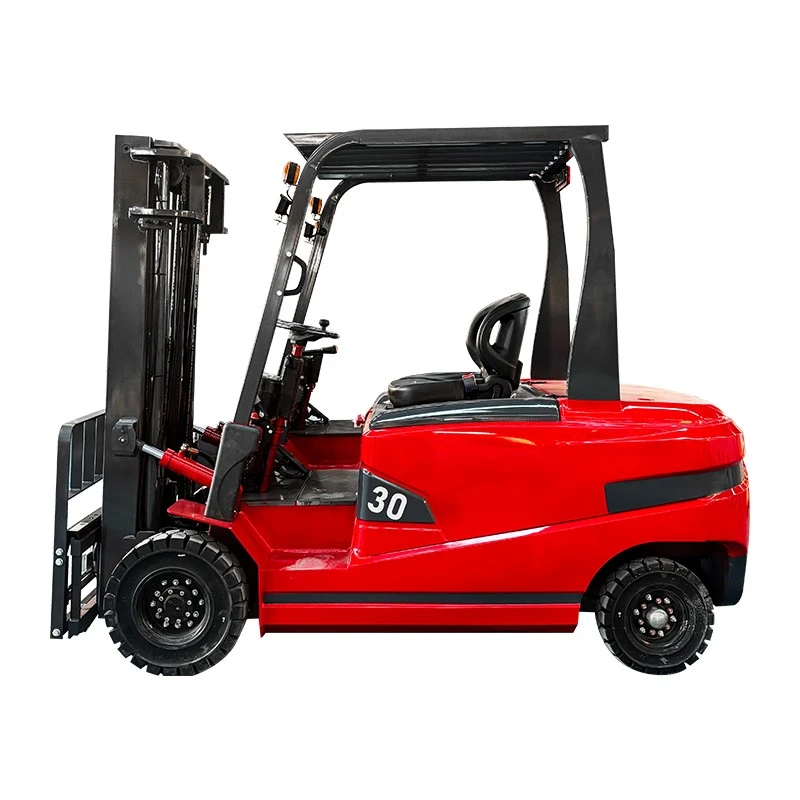 Red counterbalance forklift shown in side view on a white background