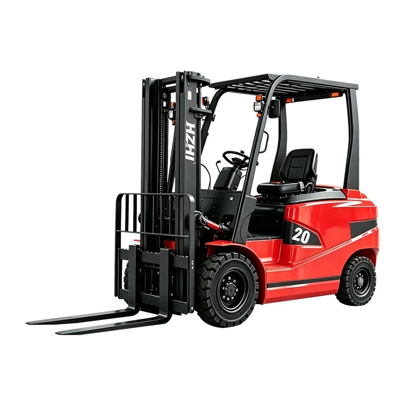 Red electric counterbalance forklift shown from the front and side