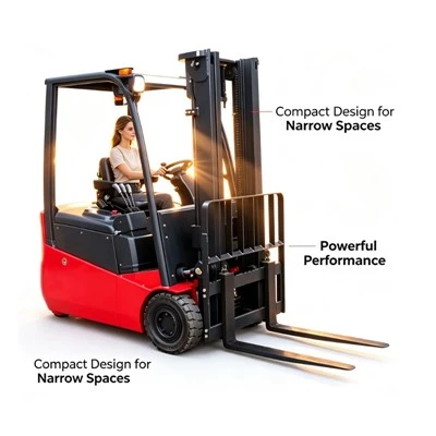 Red compact counterbalance forklift with an operator and narrow-space callouts