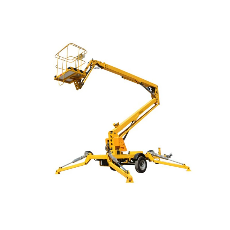 Yellow trailer-mounted articulated boom lift supported by outriggers