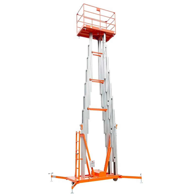 Orange personnel mast lift raised on outriggers against a white background